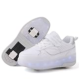 Schuhe mit Rollen für mädchen Jungen Verstellbare Rollschuhe Schuhe Einziehbar Turnschuhe mit Rollen für Kinder LED Blinkend Roller Skate Shoes für Outdoor-Sportarten,Weiß,32EU