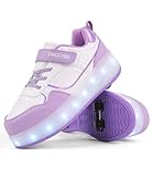 FANSU Schuhe mit Rollen für Jungen & Mädchen, Kinder LED Rollschuhe Schuhe mit 4 Rollen, Lila Versenkbarer Outdoor Turnschuhe 2-in-1 Roller Skate Shoes