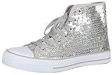 Brandsseller Damen Sneaker mit Pailletten und Glitzer - halbhoch mit Schnürsenkeln modisch bequem für Alltag & Party – Silber