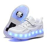 Schuhe mit Rollen für mädchen Jungen Verstellbare Rollschuhe Schuhe Einziehbar Turnschuhe mit Rollen für Kinder LED Blinkend Roller Skate Shoes für Outdoor-Sportarten,Weiß,34EU