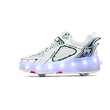 Jungen Mädchen Rollschuhe Schuhe Mit 4 Rollen Skateboardschuhe, Verstellbar Jugend Schuhe mit Rollen und LED Licht, Multifunktionale Sportschuhe Outdoorschuhe für Kinder Erwachsene…-Weiß||36