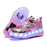 Schuhe mit Rollen für mädchen Jungen Verstellbare Rollschuhe Schuhe Einziehbar Turnschuhe mit Rollen für Kinder LED Blinkend Roller Skate Shoes für Outdoor-Sportarten,Rosa,34EU