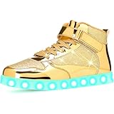 APTESOL Unisex LED Leuchten Schuhe | High-Top | 11 Leuchtmodi | TPU mit Spiegelmetall-Optik & Glitzerdetails | Modische Sneaker für Männer & Frauen für Party/Streetwear, Gold, EU 42