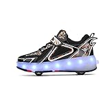Jungen Mädchen Rollschuhe Schuhe Mit 4 Rollen Skateboardschuhe, Verstellbar Jugend Schuhe mit Rollen und LED Licht, Multifunktionale Sportschuhe Outdoorschuhe für Kinder Erwachsene…-Schwarz||36